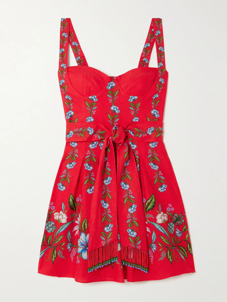  Farm Rio Farm Rio - Sweet Bloom Bouquet Belted Floral-print Linen And Lenzing™ Ecovero™-blend Mini Dress - Red 