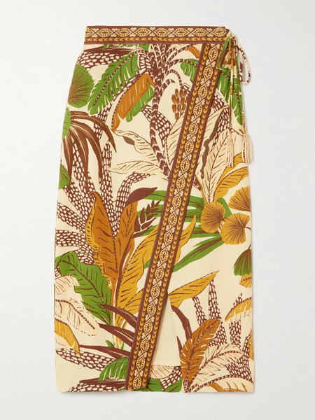  Farm Rio Farm Rio - Tasseled Printed Linen-blend Wrap Midi Skirt - Beige 