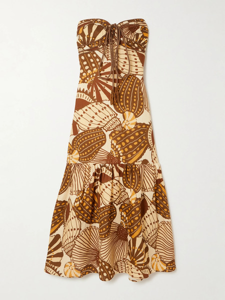  Farm Rio Farm Rio - Tasseled Shirred Printed Linen Halterneck Maxi Dress - Cream 
