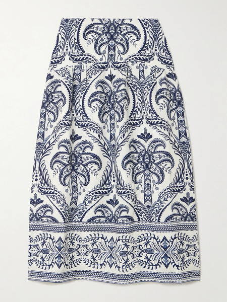  Farm Rio Farm Rio - Tripical Cameo Shirred Printed Linen Midi Skirt - Blue 