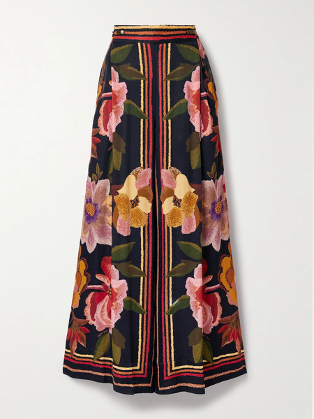  Farm Rio Farm Rio - Wrap-effect Pleated Floral-print Twill Wide-leg Pants - Navy 