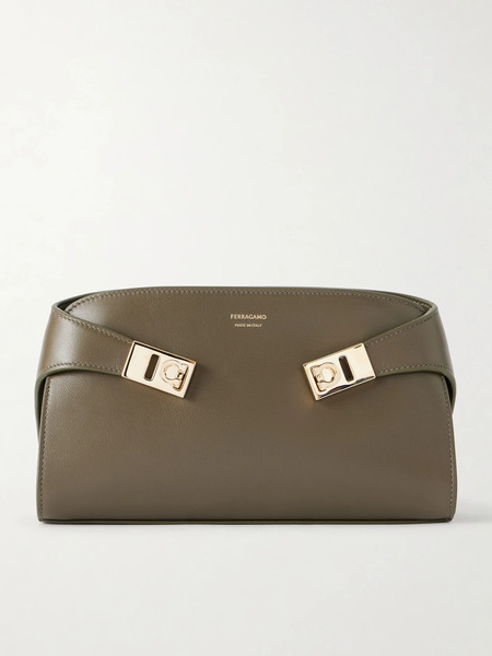  Ferragamo Ferragamo - Hug Embellished Textured-leather Shoulder Bag - Army Green 