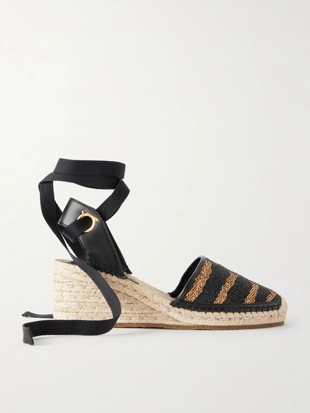  Ferragamo Ferragamo - Zanta Zebra 70 Leather-trimmed Woven Raffia Espadrillas Wedge - Zebra Print 