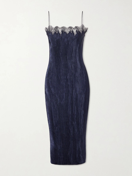  Fforme Fforme - Lumi Lace-trimmed Plissé Midi Dress - Navy 