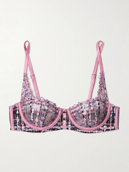  Fleur Du Mal Fleur Du Mal - Gabrielle Silk-blend Satin-trimmed Embroidered Tulle Soft-cup Balconette Bra - Pink 