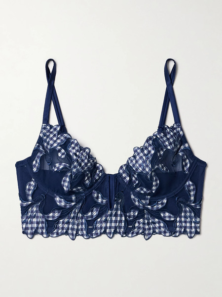  Fleur Du Mal Fleur Du Mal - Lily Embroidered Silk-blend Satin Tulle Underwired Soft-cup Bra - Blue 