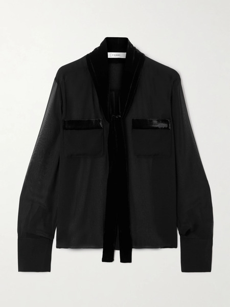  Frame Frame - Pussy-bow Velvet-trimmed Silk-chiffon Blouse - Black 