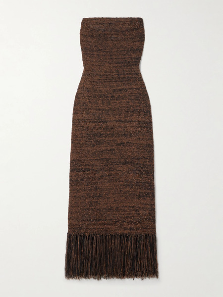 Frame Frame - Strapless Fringed Bouclé Midi Dress - Light Brown 