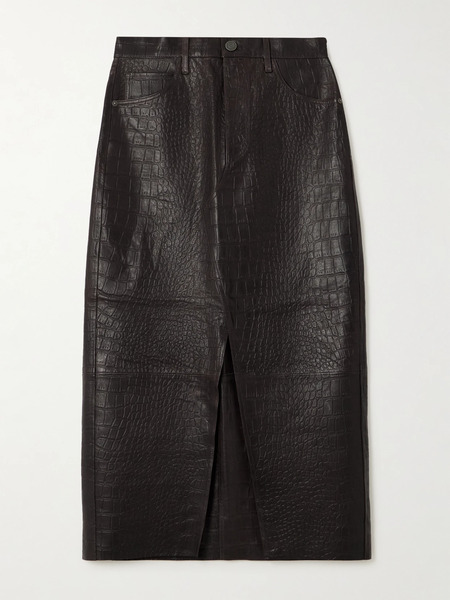  Frame Frame - The Midaxi Croc-effect Leather Midi Skirt - Dark Brown 
