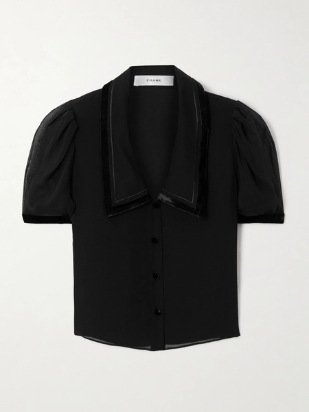 Frame Frame - The Sailor Velvet-trimmed Silk-chiffon Blouse - Black 