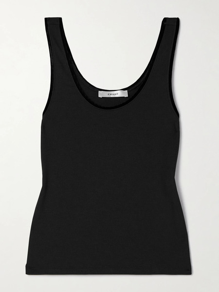  Frame Frame - Velvet-trimmed Ribbed Stretch-modal Tank - Black 