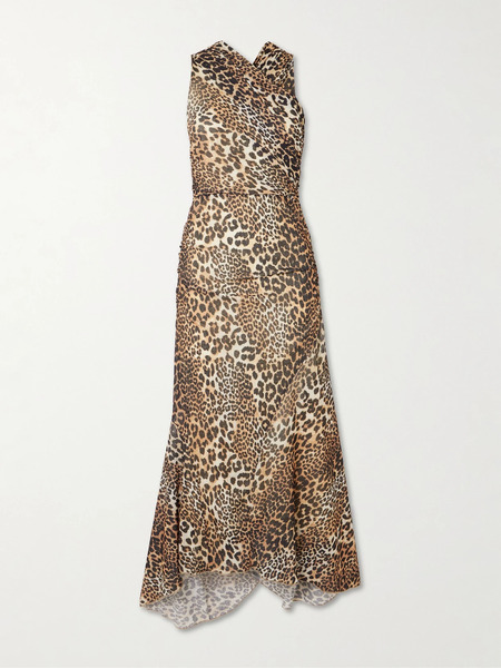  Ganni Ganni - Asymmetric Draped Leopard-print Stretch Recycled-mesh Midi Dress - Leopard Print 