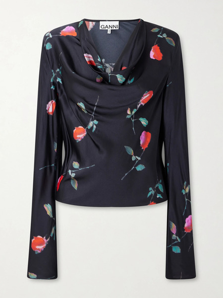  Ganni Ganni - Draped Floral-print Satin Top - Black 
