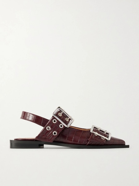  Ganni Ganni - Feminine Buckle Croc-effect Slingback Ballet Flats - Burgundy 