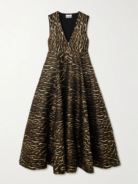  Ganni Ganni - Metallic Leopard-print Recycled-cloqué Midi Dress - Leopard Print 