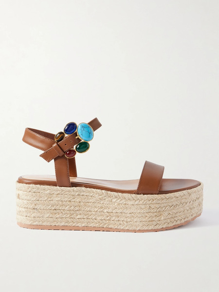  Gianvito Rossi Gianvito Rossi - 40 Embellished Leather Platform Espadrille Sandals - Tan 