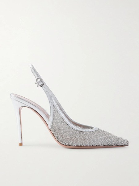  Gianvito Rossi Gianvito Rossi - Itaca 95 Metallic Leather-trimmed Embellished Mesh Slingback Pumps - Silver 