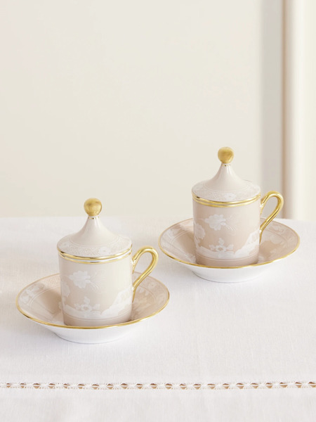  Ginori Ginori 1735 - Oriente Italiano Set Of Two Gold-plated Porcelain Coffee Cups, Covers And Saucers - Blush 