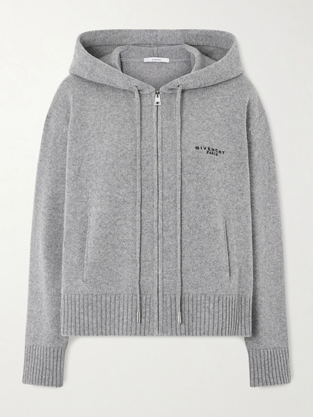  Givenchy Givenchy - Embroidered Wool And Cashmere-blend Zip-up Hooded Cardigan - Light Gray 