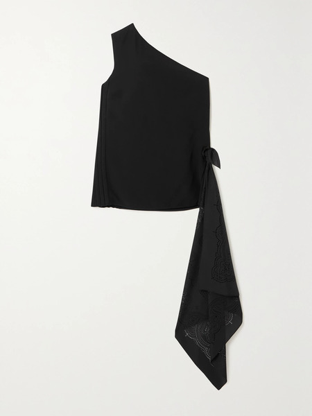  Givenchy Givenchy - One-shoulder Draped Perforated Crepe And Ribbed-knit Top - Black 