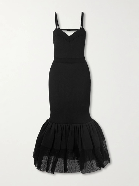 Givenchy Givenchy - Tiered Pleated Ribbed-knit Maxi Dress - Black 