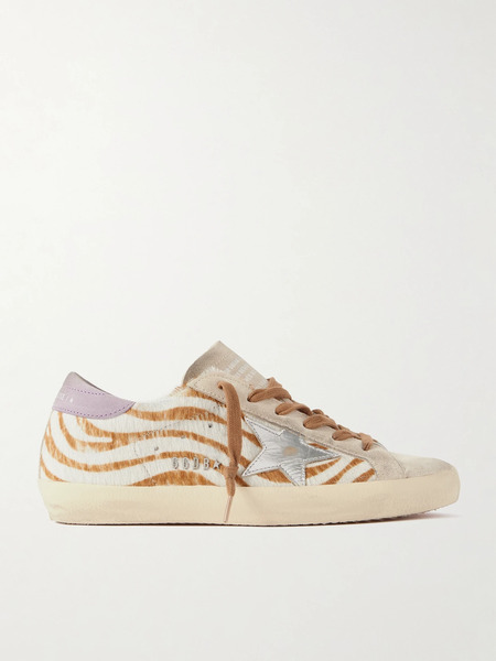  Golden Goose Golden Goose - Super-star Distressed Metallic Leather And Suede-trimmed Zebra-print Calf Hair Sneakers - Zebra Print 