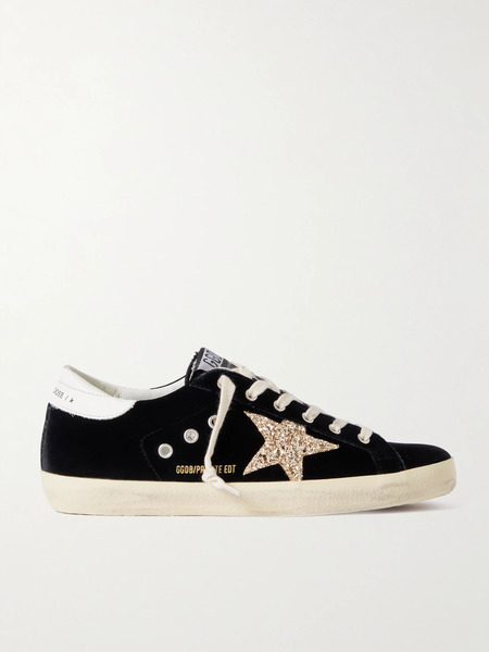  Golden Goose Golden Goose - Super-star Eyelet-embellished Distressed Glittered Leather And Velvet Sneakers - Black 