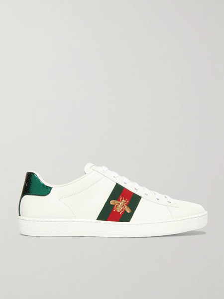  Gucci Gucci - Ace Watersnake-trimmed Embroidered Leather Sneakers - White 
