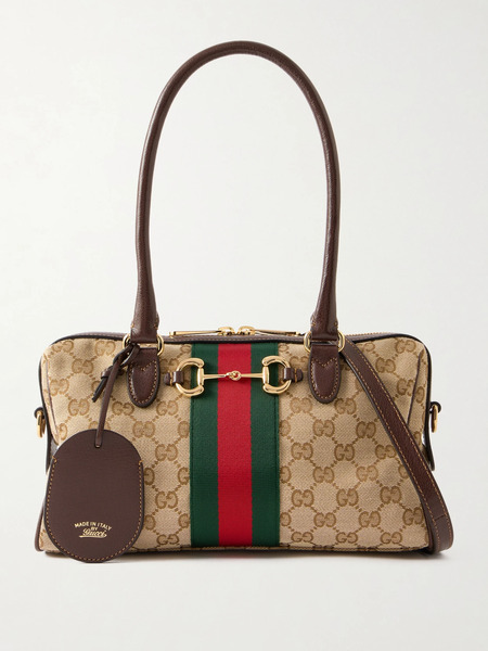  Gucci Gucci - Borsetto Medium Leather And Webbing-trimmed Canvas-jacquard Shoulder Bag - Beige 