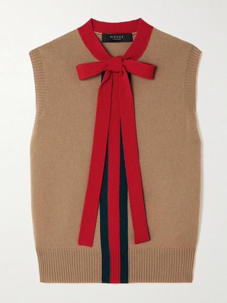  Gucci Gucci - Bow-detailed Striped Cashmere Tank - Camel 