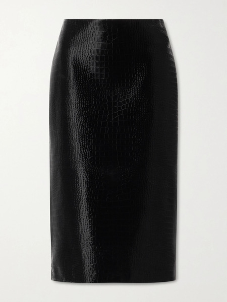  Gucci Gucci - Croc-effect Leather Midi Skirt - Black 