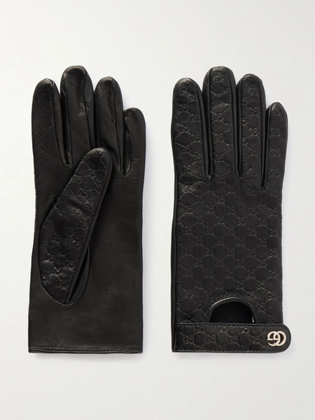  Gucci Gucci - Debossed Leather Gloves - Black 