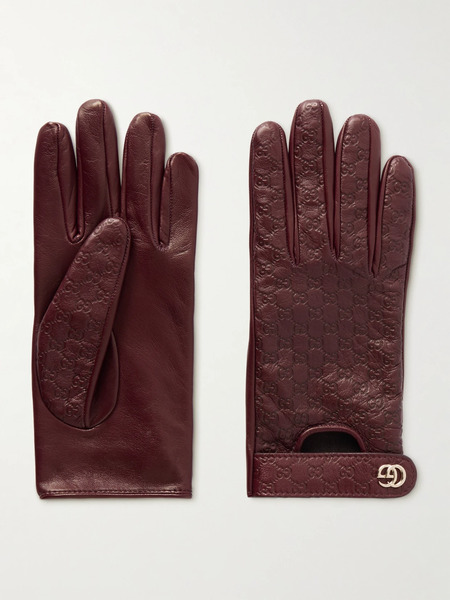 Gucci Gucci - Debossed Leather Gloves - Burgundy 