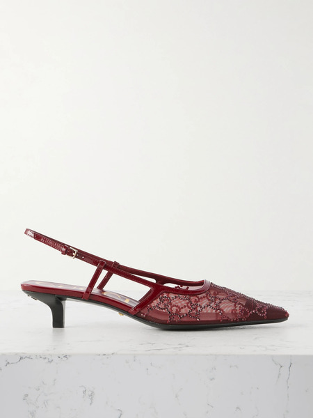  Gucci Gucci - Demi Patent Leather-trimmed Crystal-embellished Mesh Slingback Pumps - Burgundy 