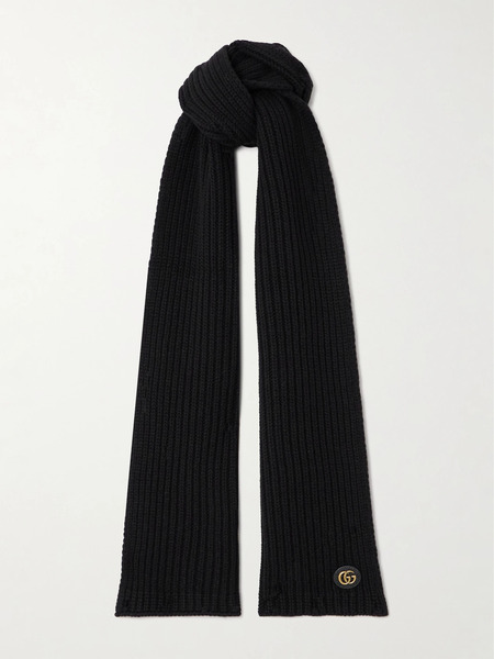  Gucci Gucci - Embellished Leather-trimmed Ribbed Wool And Cashmere-blend Scarf - Black 