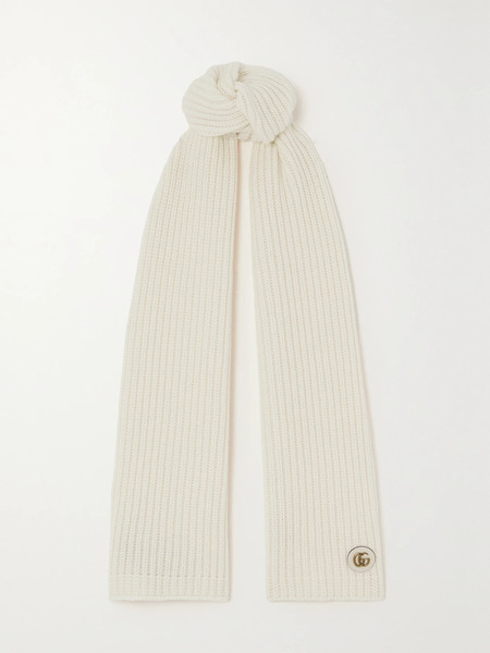  Gucci Gucci - Embellished Leather-trimmed Ribbed Wool And Cashmere-blend Scarf - Ivory 