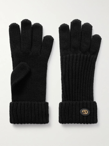  Gucci Gucci - Embellished Leather-trimmed Wool And Cashmere-blend Gloves - Black 