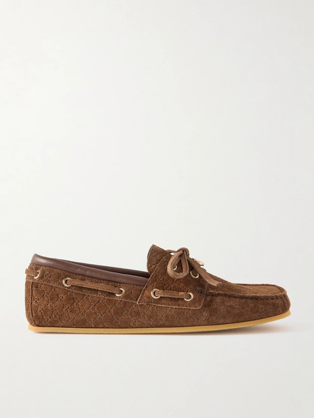  Gucci Gucci - Embellished Logo-embossed Suede Boat Shoes - Brown 