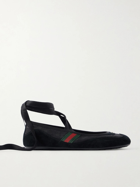  Gucci Gucci - Embellished Webbing-trimmed Canvas And Suede Ballet Flats - Black 