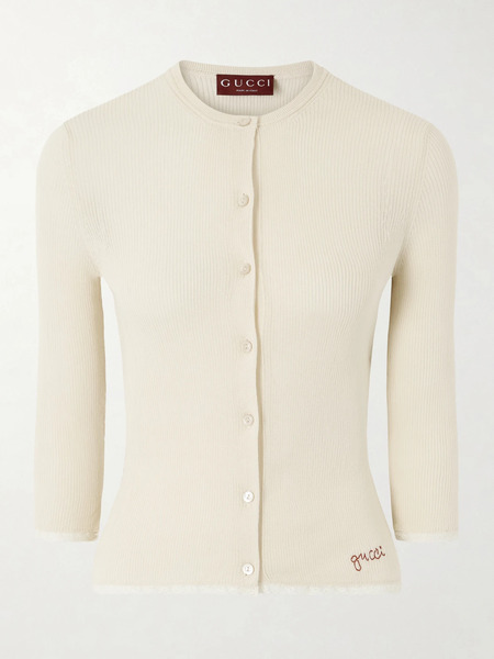  Gucci Gucci - Embroidered Lace-trimmed Ribbed-knit Cotton Cardigan - Off-white 