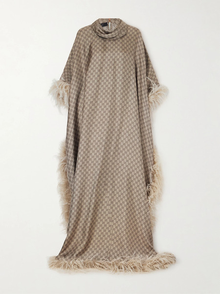  Gucci Gucci - Feather-trimmed Printed Satin Maxi Dress - Brown 