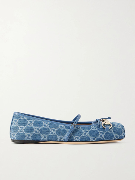  Gucci Gucci - Horsebit Ballerina Leather-trimmed Denim Flats - Blue 
