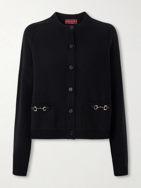  Gucci Gucci - Horsebit-embellished Leather-trimmed Wool And Cashmere-blend Cardigan - Black 