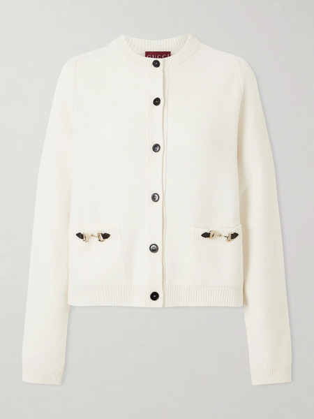  Gucci Gucci - Horsebit-embellished Leather-trimmed Wool And Cashmere-blend Cardigan - White 