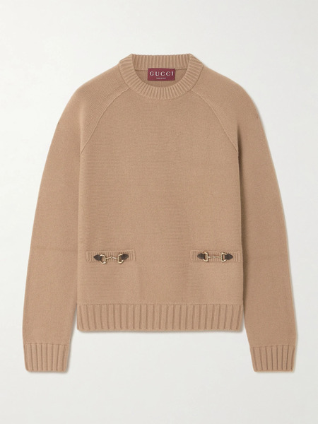  Gucci Gucci - Horsebit-embellished Leather-trimmed Wool And Cashmere-blend Sweater - Brown 