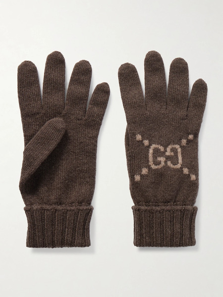  Gucci Gucci - Intarsia-knit Cashmere Gloves - Brown 