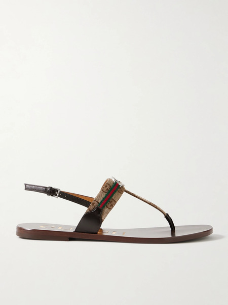  Gucci Gucci - Kika Logo-embellished Webbing And Leather-trimmed Canvas-jacquard Sandals - Beige 