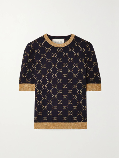  Gucci Gucci - Metallic Jacquard-knit Cotton-blend Sweater - Navy 
