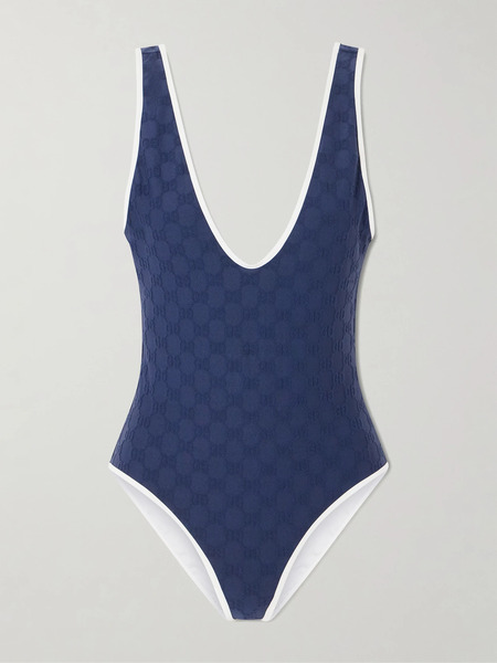  Gucci Gucci - Piped Terry-jacquard Swimsuit - Navy 