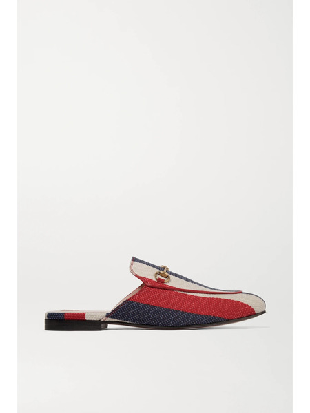  Gucci Gucci - Princetown Horsebit-detailed Striped Canvas Slippers - Red 